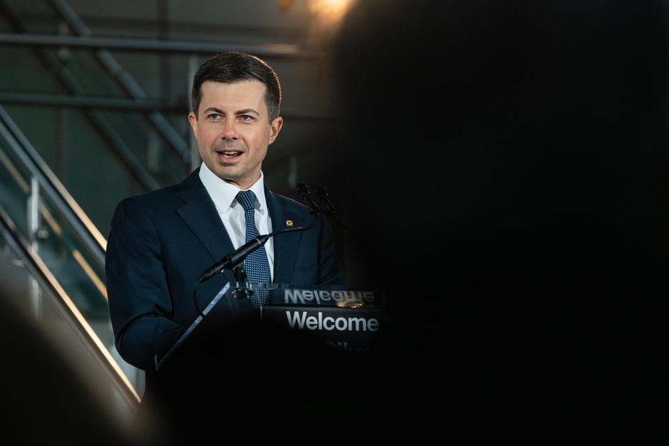 Dulles, VA - NOVEMBER 15: Secretary of Transportation Pete Buttigieg speaks during a celebration of the opening of a new Metro station at Dulles International Airport in Dulles, Virginia on November 15, 2022. (Photo by Eric Lee for The Washington Post via Getty Images)