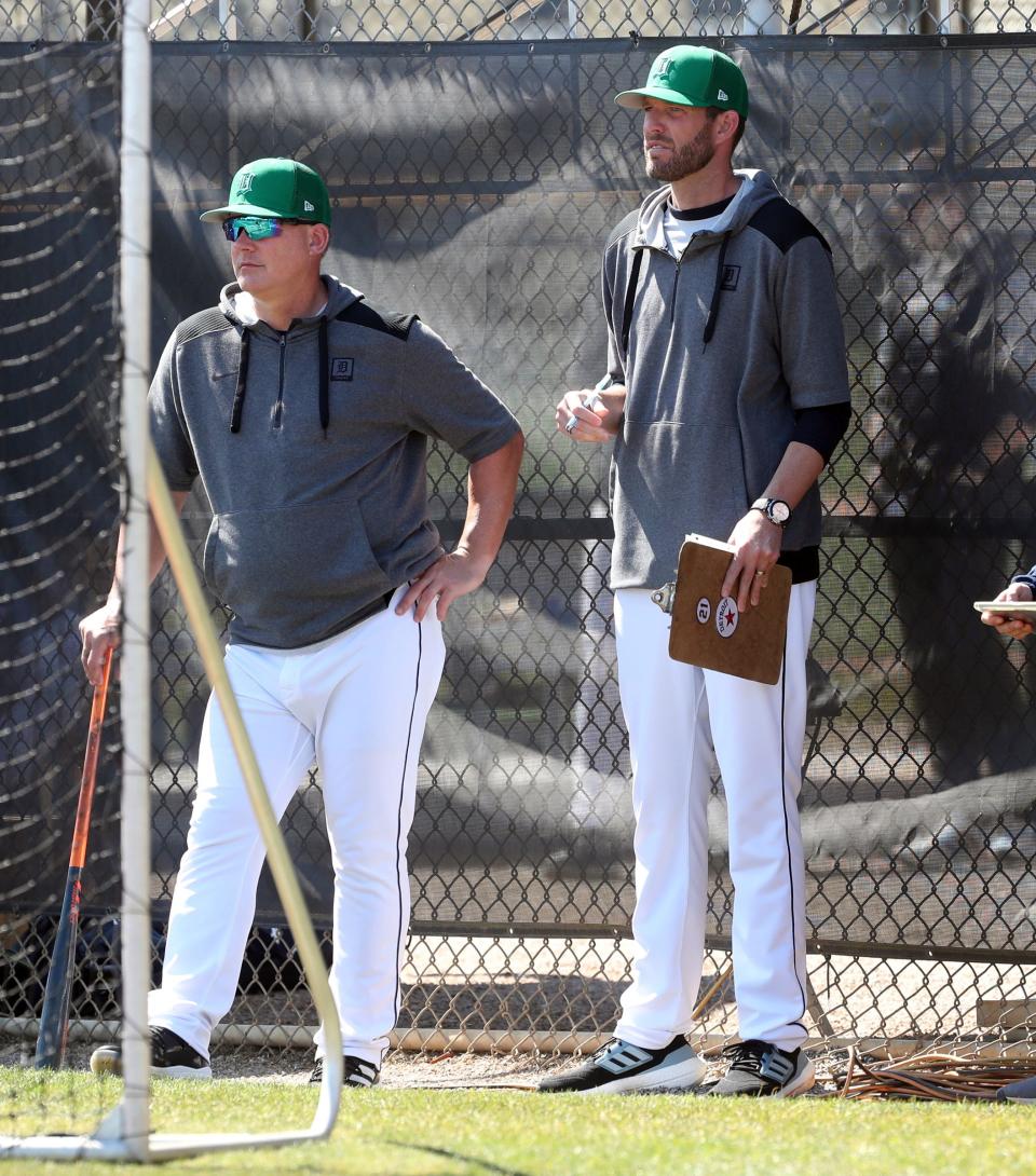 Tigers manager A.J. Hinch and pitching coach Chris Fetter watch live batting practice during Detroit Tigers spring training on Thursday, March 17, 2022, at TigerTown in Lakeland, Florida.