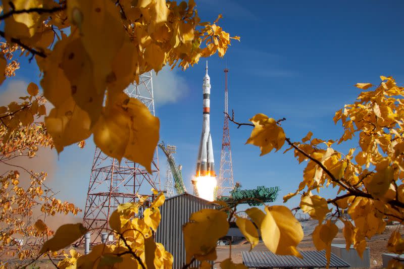 Soyuz MS-17 spacecraft carrying ISS crew blasts off from the launchpad at the Baikonur Cosmodrome