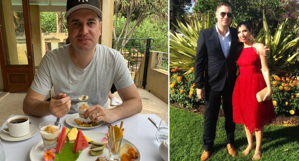 Andrew John eating breakfast on holiday (left) and with his wife Jessica (right).