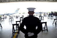 <p>A U.S. Marine stands at attention as caskets containing the remains of American servicemen from the Korean War handed over by North Korea arrive at Joint Base Pearl Harbor-Hickam in Honolulu, Hawaii, Aug. 1, 2018. (Photo: Hugh Gentry/Reuters) </p>