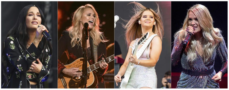 This combination of photos shows country music singers, from left, Kacey Musgraves performing at the Austin City Limits Music Festival in Austin, Texas on Oct. 6, 2019, Miranda Lambert performing at the 53rd annual Academy of Country Music Awards in Las Vegas on April 15, 2018, Maren Morris performing at the Bonnaroo Music and Arts Festival in Manchester, Tenn. on June 15, 2019 and Carrie Underwood performing during her "Cry Pretty Tour 360" in Chicago on Oct. 29, 2019. What started as a joke on Twitter about an unwritten rule among country radio stations not to play two female artists in a row prompted outrage by country music stars, but also pledges to give women equal airtime. (AP Photo)