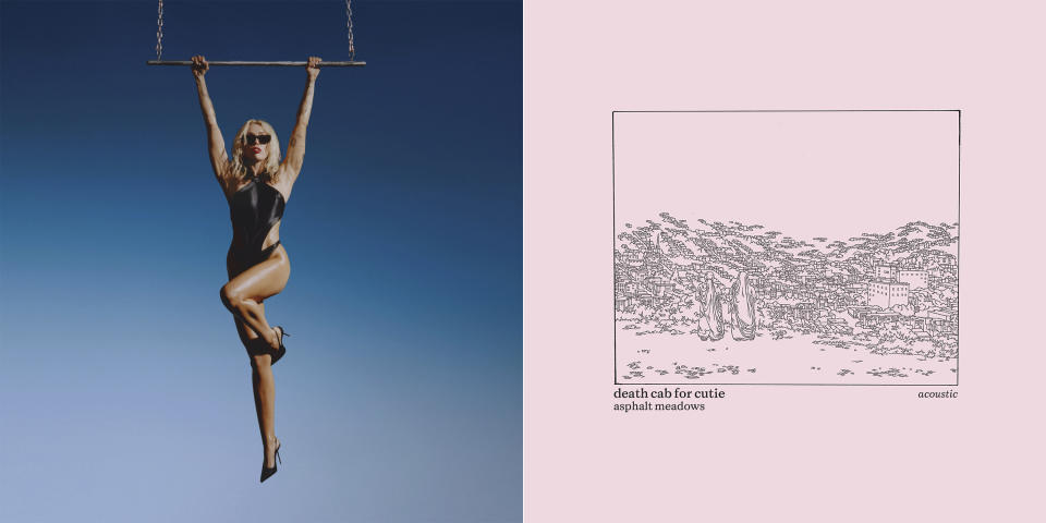 This combination of cover images shows “Endless Summer Vacation" by Miley Cyrus, left, and “Asphalt Meadows (Acoustic)” by Death Cab for Cutie. (Sony Music/Atlantic Records via AP)