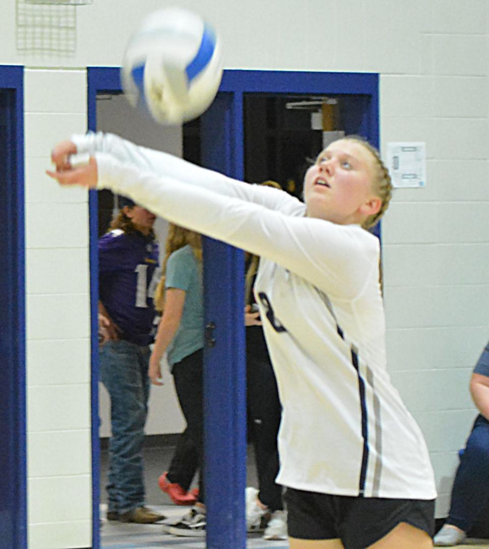 Great Plains Lutheran's Jolie Lien reaches to hit the ball during a high school volleyball match against Britton-Hecla on Tuesday, Oct. 17, 2023 in Watertown.