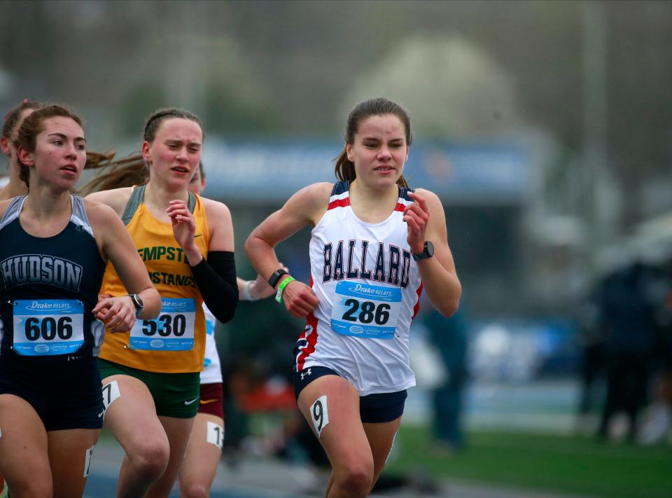 Ballard junior Paityn Noe competes in the girls' 1500-meter event during the Drake Relays on Saturday, April 30, 2022, in Des Moines.