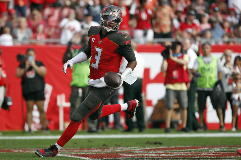 Tampa Bay Buccaneers quarterback Jameis Winston (3) scores on a two-point converion against the Atlanta Falcons during the first half of an NFL football game Sunday, Dec. 29, 2019, in Tampa, Fla. (AP Photo/Mark LoMoglio)