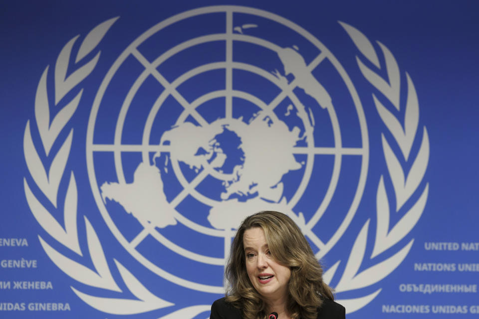 The new Director General of the International Organization for Migration (IOM) U.S. Amy Pope speaks, during a press conference, at the European headquarters of the United Nation in Geneva, Switzerland, Monday, Oct. 2, 2023. Pope is the first woman to hold this role. (Salvatore Di Nolfi/Keystone via AP)