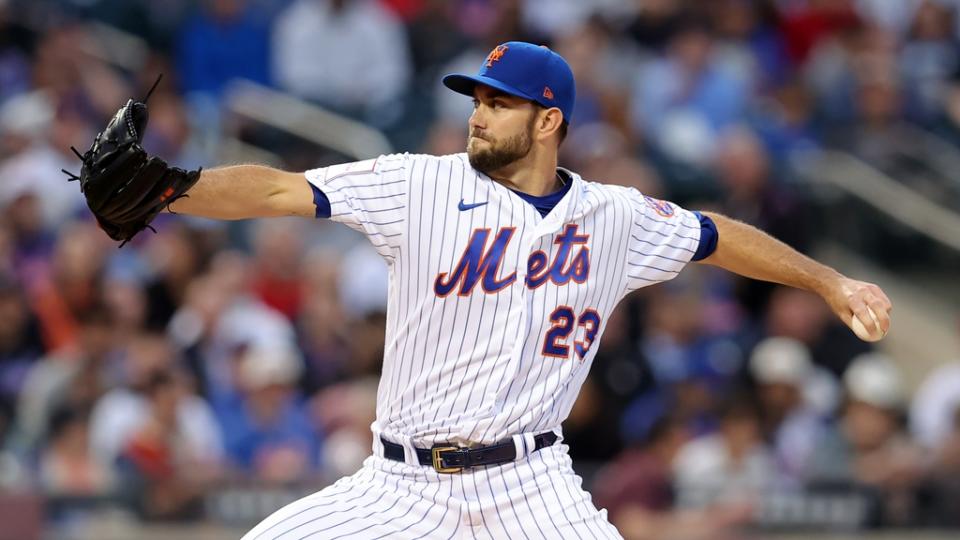 Apr 11, 2023; New York City, New York, USA; New York Mets starting pitcher David Peterson (23) pitches against the San Diego Padres during the first inning at Citi Field. Mandatory Credit: Brad Penner-USA TODAY Sports