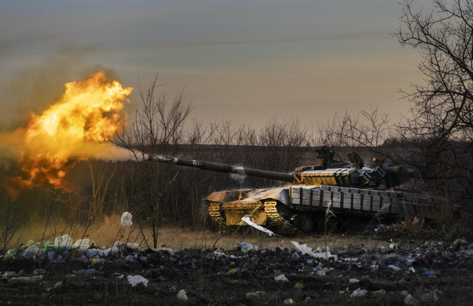 FILE - A Ukrainian tank of the 17th Tank Brigade fires at Russian positions in Chasiv Yar, the site of fierce battles with the Russian troops in the Donetsk region, Ukraine, Thursday, Feb. 29, 2024. (AP Photo/Efrem Lukatsky, File)