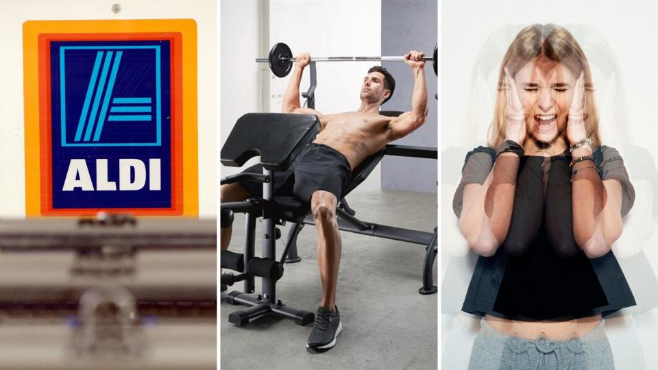 An Aldi sign on the left, a man lifting weights on a bench in the centre, and a frustrated woman on the right.
