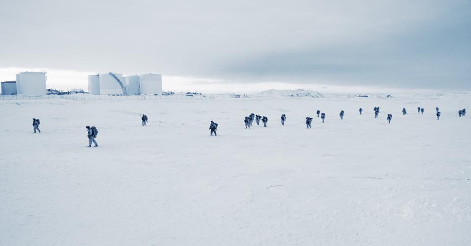 U.S. Soldiers assigned to 1st Infantry Brigade Combat Team, 11th Airborne Division, move to their objective outside of Utqiagvik, Alaska as part of Joint Pacific Multinational Readiness Training Center 24-02, Feb. 15, 2024.