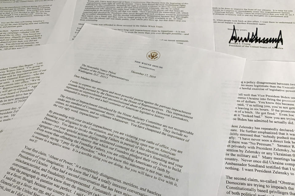 A letter from President Donald Trump to House Speaker Nancy Pelosi of Calif., is photographed Tuesday, Dec. 17, 2019, in Washington. (AP Photo/Jon Elswick