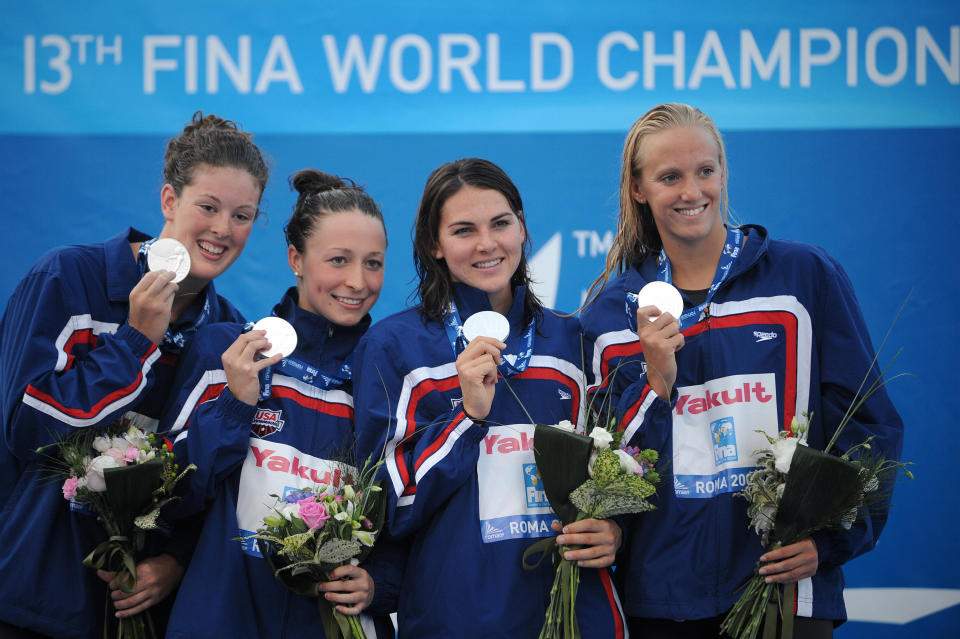 Kukors celebrating with teammates Dana Vollmer, Lacey Nymeyer and Allison Schmitt&nbsp;after winning&nbsp;their silver medal on the women's 4x200-meter freestyle final on July 30, 2009, at the FINA World Swimming Championships in Rome. (Photo: MARTIN BUREAU via Getty Images)