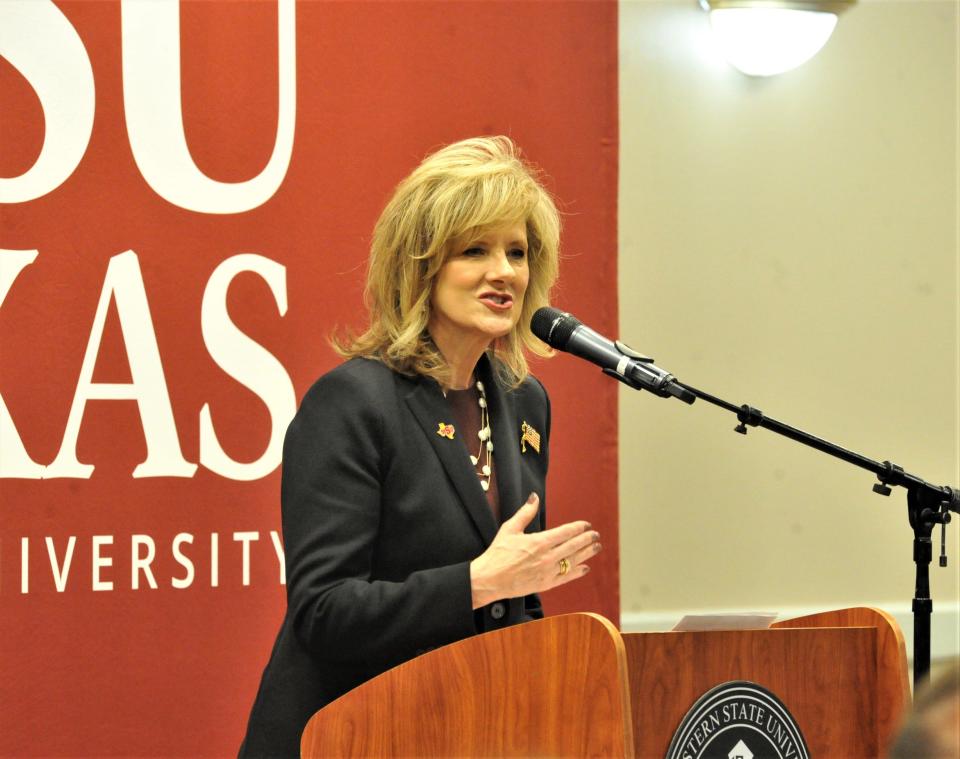 JuliAnn Mazachek speaks to an audience for the first time as the sole finalist for Midwestern State University president during the MSU Presidential Search Reception in Clarke Student Center Comanche Suites Monday, March 7, 2022.