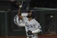 Tampa Bay Rays' Randy Arozarena celebrates a home run during the first inning in Game 6 of the baseball World Series against the Los Angeles Dodgers Tuesday, Oct. 27, 2020, in Arlington, Texas.(AP Photo/Eric Gay)
