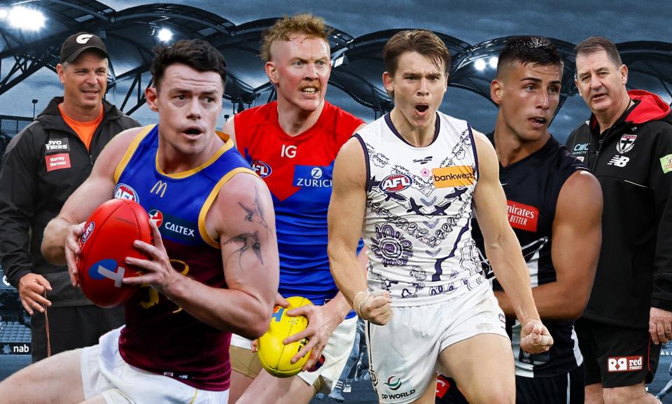 <span>(From left): Adam Kingsley, Lachie Neale, Clayton Oliver, Caleb Serong, Nick Daicos, Ross Lyon.</span><span>Photograph: Dave Hunt/AAP</span>