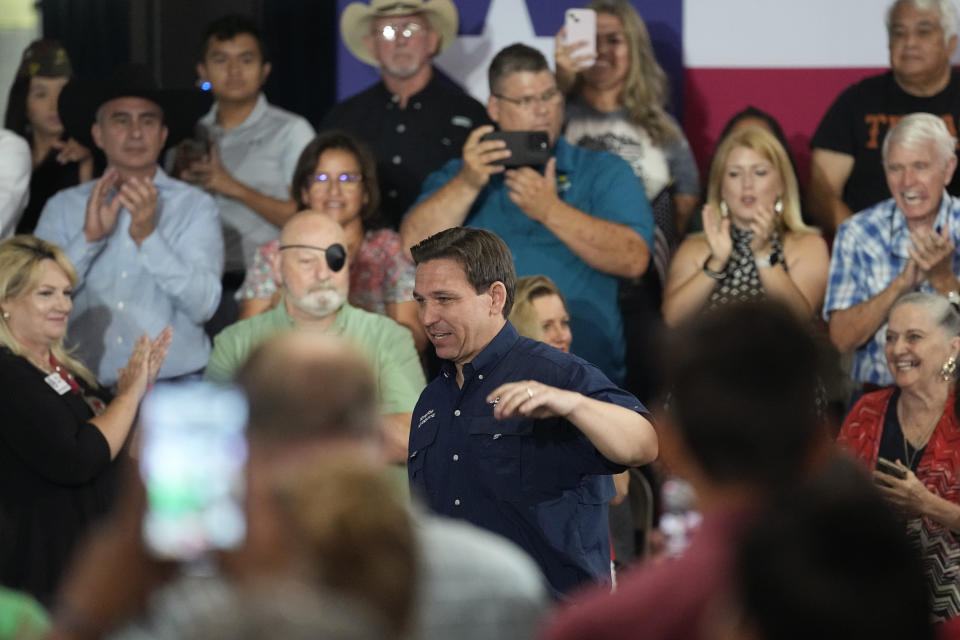 Republican presidential candidate Florida Gov. Ron DeSantis arrives for a town hall meeting in Eagle Pass, Texas, Monday, June 26, 2023. (AP Photo/Eric Gay)