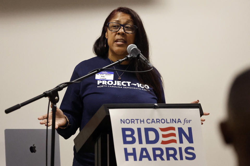 Kimberly Hardy, second vice chair of the Democratic Party of North Carolina, speaks at a meeting of the Democratic Committee of North Carolina at the Word of Tabernacle Church in Rocky Mount, N.C., Thursday, May 23, 2024. (AP Photo/Karl B. DeBlaker)