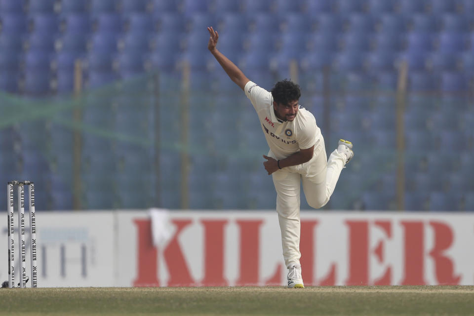 India's Kuldeep Yadav plays during the first Test cricket match day third between Bangladesh and India in Chattogram Bangladesh, Friday, Dec. 16, 2022. (AP Photo/Surjeet Yadav)