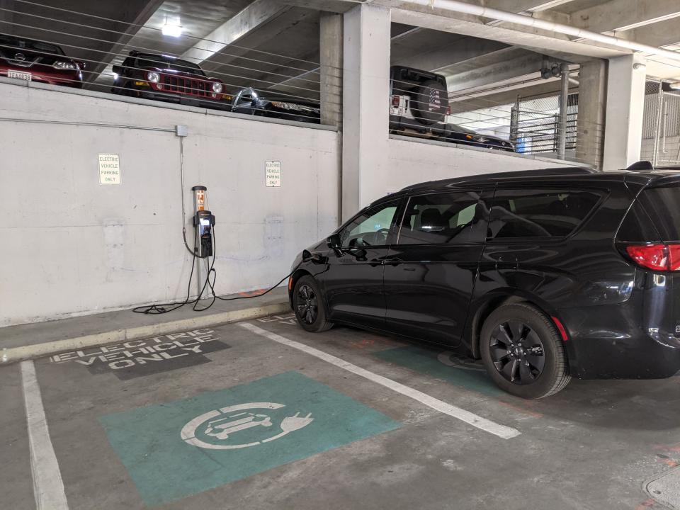 Wilmington has installed public EV chargers in all of its downtown parking decks, including the charger in the Market Street deck seen here, to support visitors and offer folks a place to charge while at work.