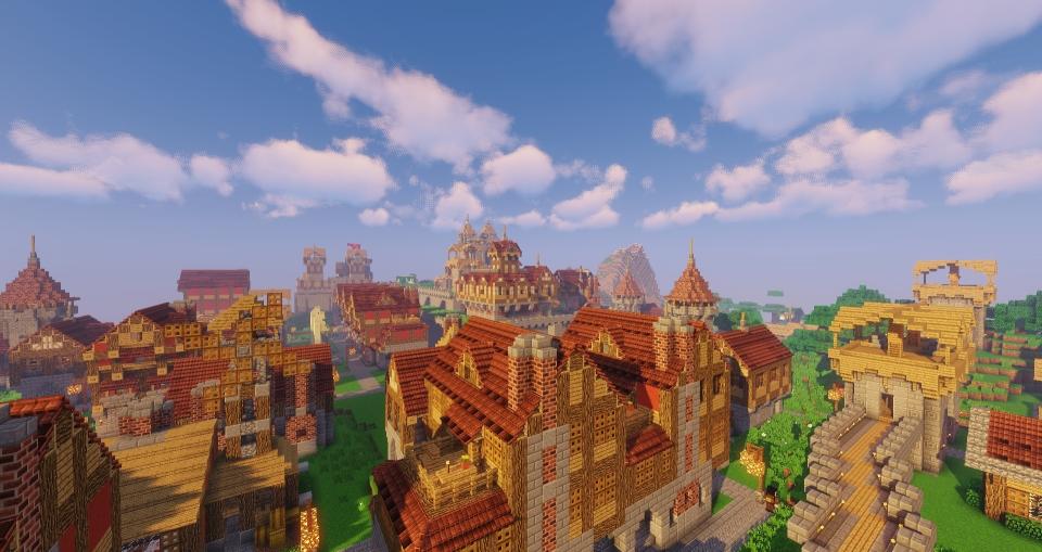 Minecraft mod - Minecolonies - artistic screenshot showing a large town of stone and wood buildings at sunset.
