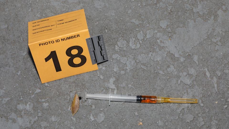 Evidence marker 18: A syringe found on Amie Harwick's third-floor balcony. / Credit: Superior Court of California, County of Los Angeles
