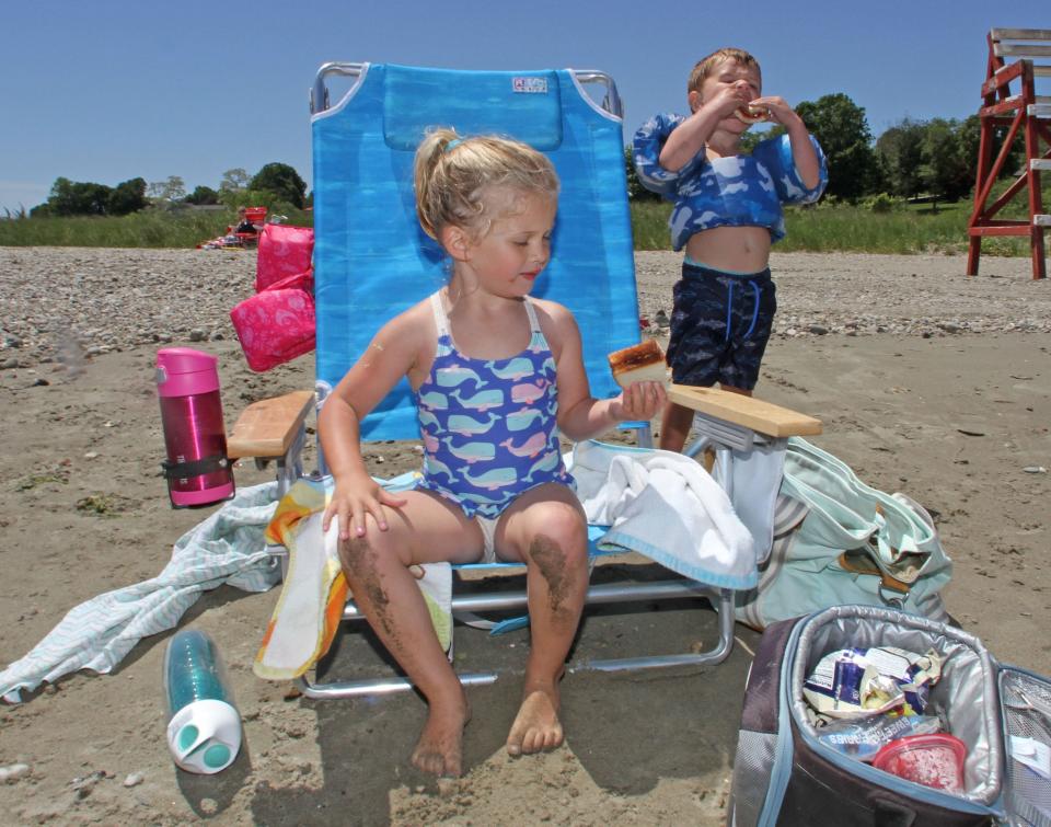 Ava, 4, and Trevor Siclari, 2, of East Providence, enjoy a peanut butter sandwich for lunch while at Sandy Point Beach, along the Sakonnet River, Portsmouth. Their mother Melissa Siclari likes the quiet beach.