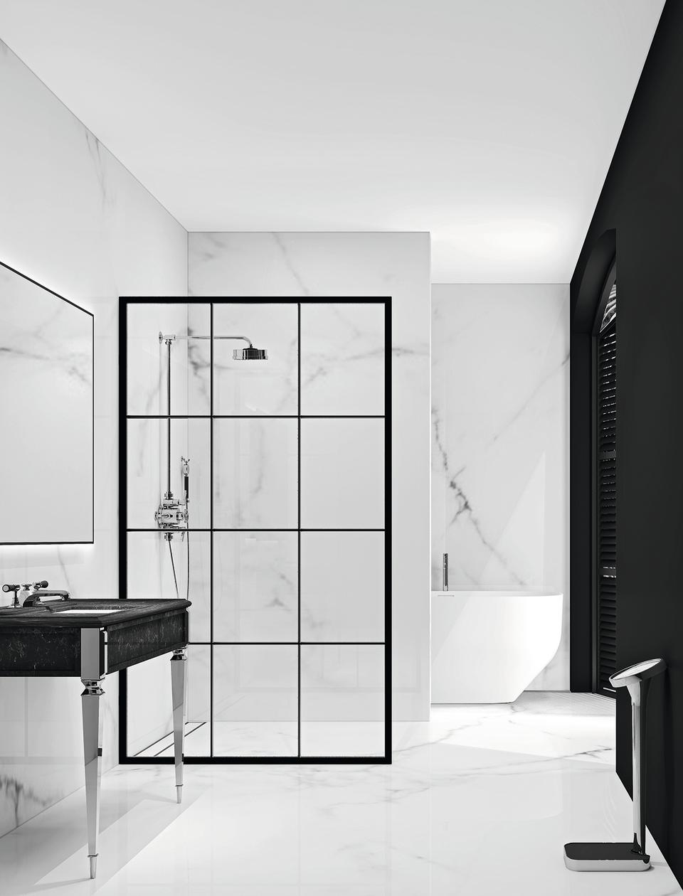 modern monochrome bathroom with walk in shower with Crittal style door