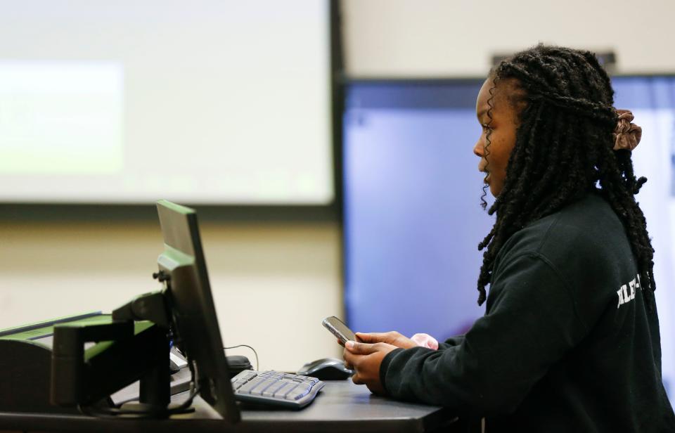 Wendy Riley-Washington, a student, spoke Tuesday to the Springfield school board. She said, among other things, "we demand a public apology."