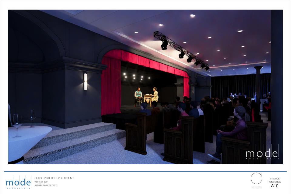 A rendering of the proposed theater space at the former Holy Spirit Church under a redevelopment plan proposed by Mountain View Development at the Feb. 14, 2024, Asbury Park City Council meeting.