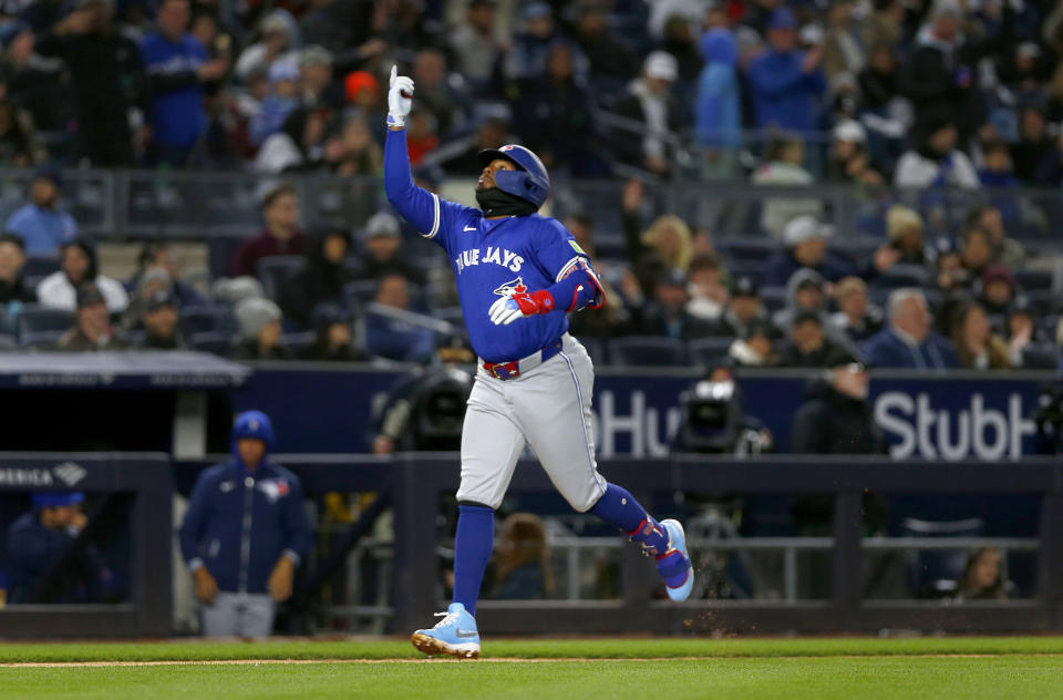 Toronto Blue Jays' Vladimir Guerrero Jr. runs the bases after hitting a solo home run against the New York Yankees during the seventh inning of a baseball game Saturday, April 6, 2024, in New York. (AP Photo/John Munson)