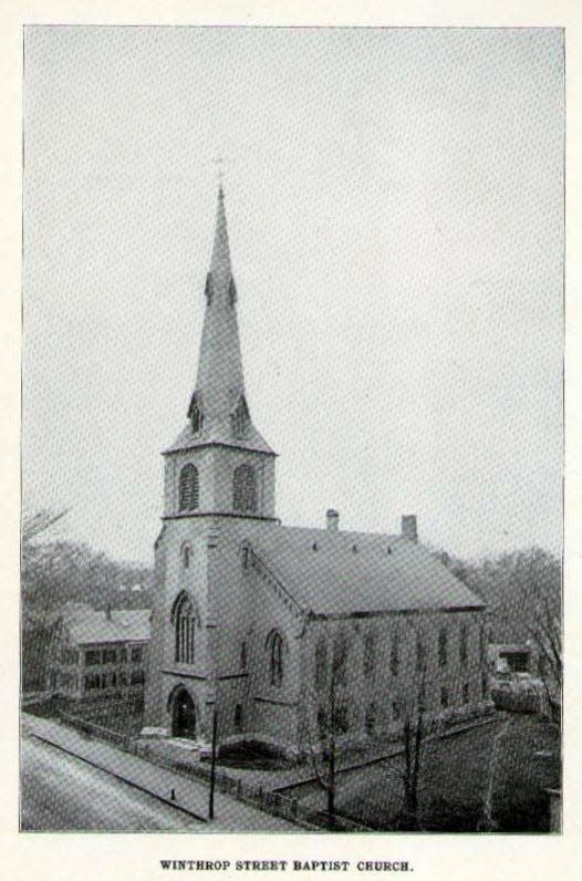 The Winthrop Street Baptist Church with its original steeple, seen in this image dated 1899 by Albert L. Ward.