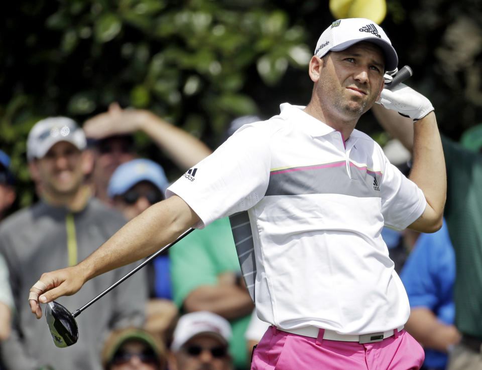 Sergio Garcia, of Spain, watches his tee shot on the ninth hole during the second round of the Masters golf tournament Friday, April 11, 2014, in Augusta, Ga. (AP Photo/Darron Cummings)
