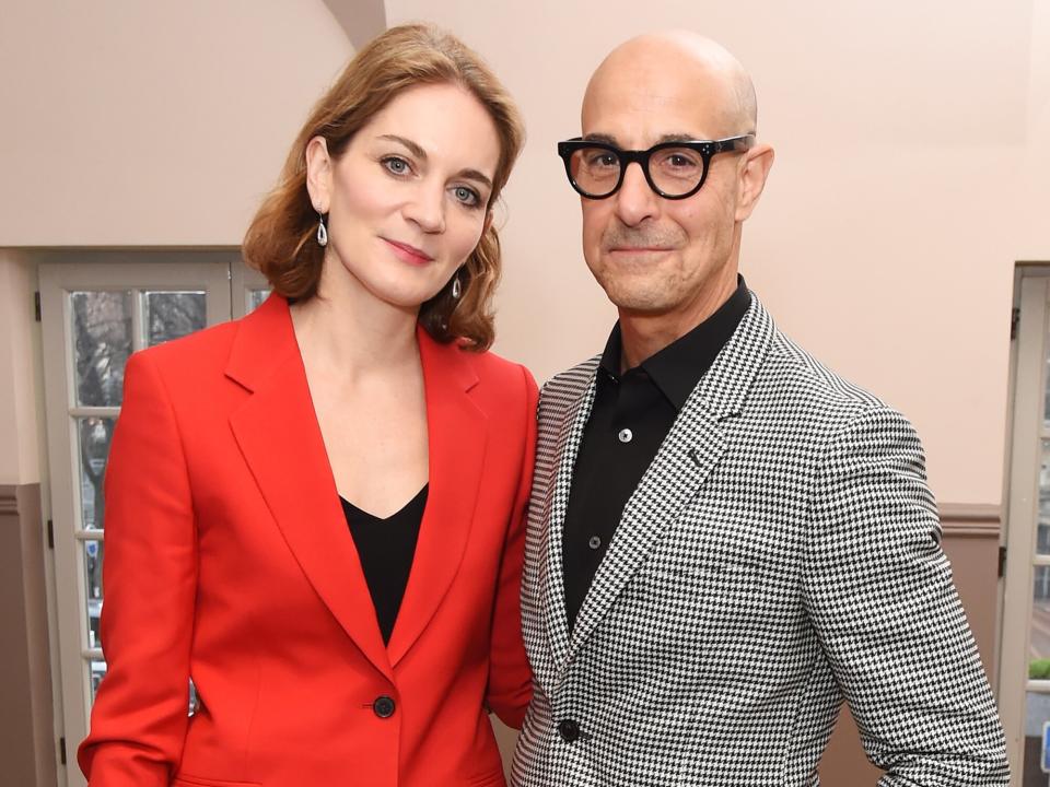 Felicity Blunt wearing Paul Smith and Stanley Tucci wearing Paul Smith attend the Paul Smith AW20 50th Anniversary show as part of Paris Fashion Week on January 19, 2020 in Paris, France