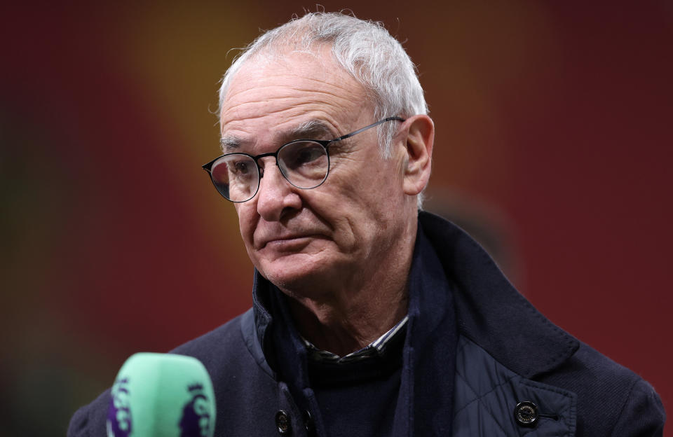 WATFORD, ENGLAND - JANUARY 21:  Manager of Watford Claudio Ranieri is interviewed after the Premier League match between Watford and Norwich City at Vicarage Road on January 21, 2022 in Watford, England. (Photo by Julian Finney/Getty Images)