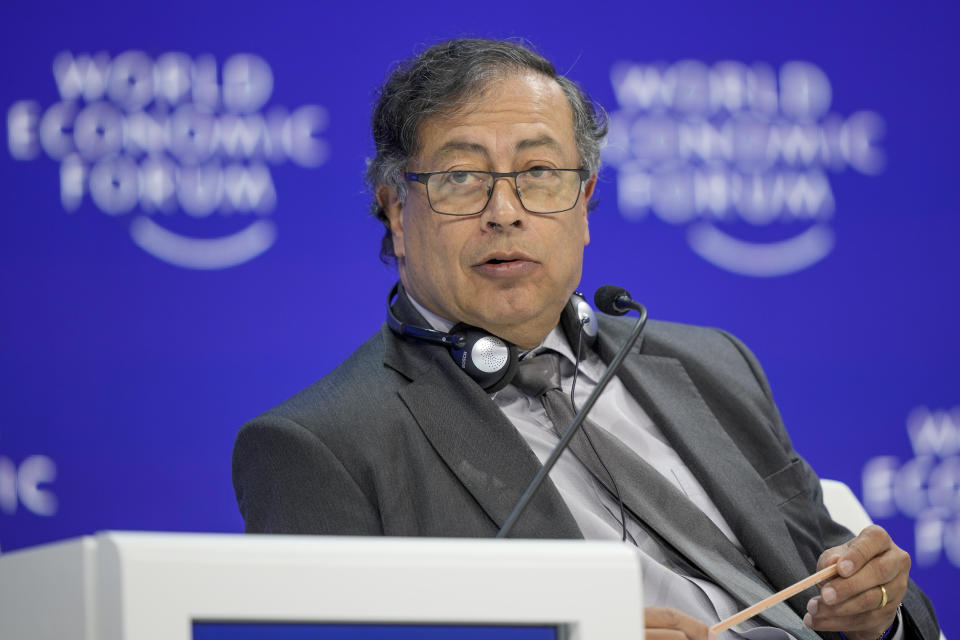 Gustavo Petro, President of Colombia takes part in a panel at the Annual Meeting of World Economic Forum in Davos, Switzerland, Wednesday, Jan. 17, 2024. The annual meeting of the World Economic Forum is taking place in Davos from Jan. 15 until Jan. 19, 2024.(AP Photo/Markus Schreiber)