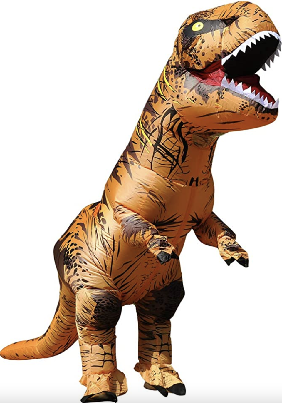 t-rex Dinosaur Inflatable Costume in orange and black (Photo via Amazon)