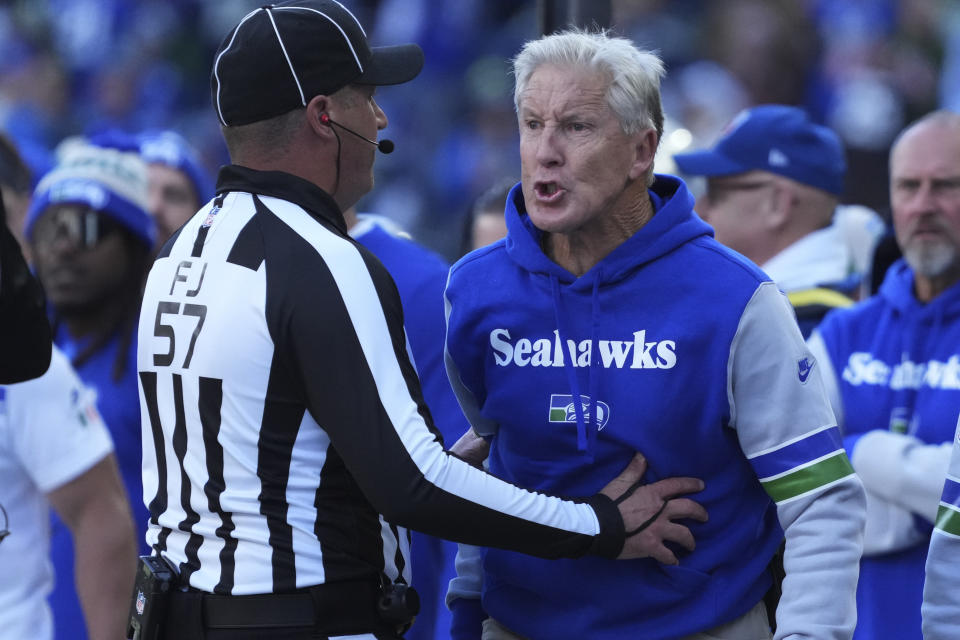 Seattle Seahawks head coach Pete Carroll argues with an official in the first half of an NFL football game against the Cleveland Browns, Sunday, Oct. 29, 2023, in Seattle. (AP Photo/Ted S. Warren)