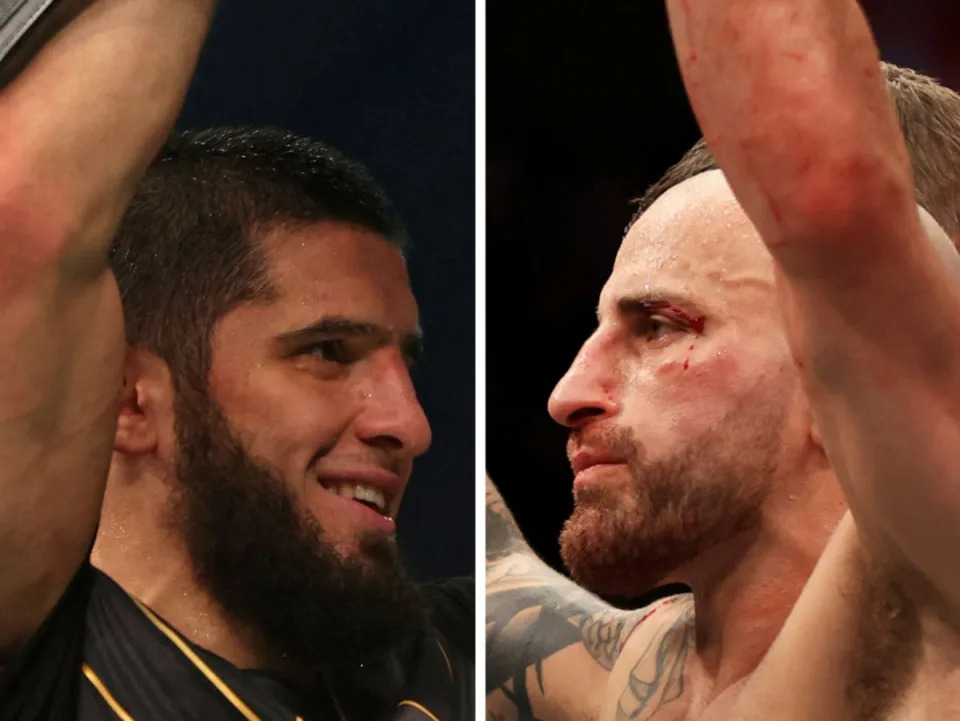 Os campeões do UFC Islam Makhachev (esquerda) e Alexander Volkanovski se enfrentarão em fevereiro (Getty Images)