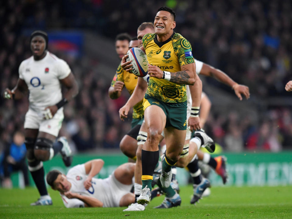 Rugby Union - England v Australia - Twickenham Stadium, London, Britain - November 24, 2018  Australia's Israel Folau runs in to score their first try   REUTERS/Toby Melville