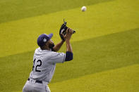 Tampa Bay Rays right fielder Manuel Margot catches a fly ball hit by Miami Marlins' Lewin Diaz during the fifth inning of a baseball game Saturday, Aug. 29, 2020, in Miami. (AP Photo/Wilfredo Lee)