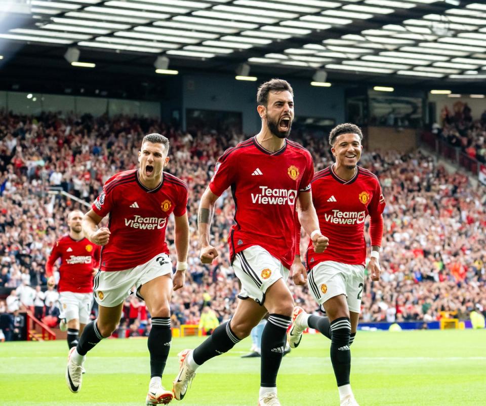 Bruno Fernandes celebrates after scoring Manchester United’s third goal (Getty Images)