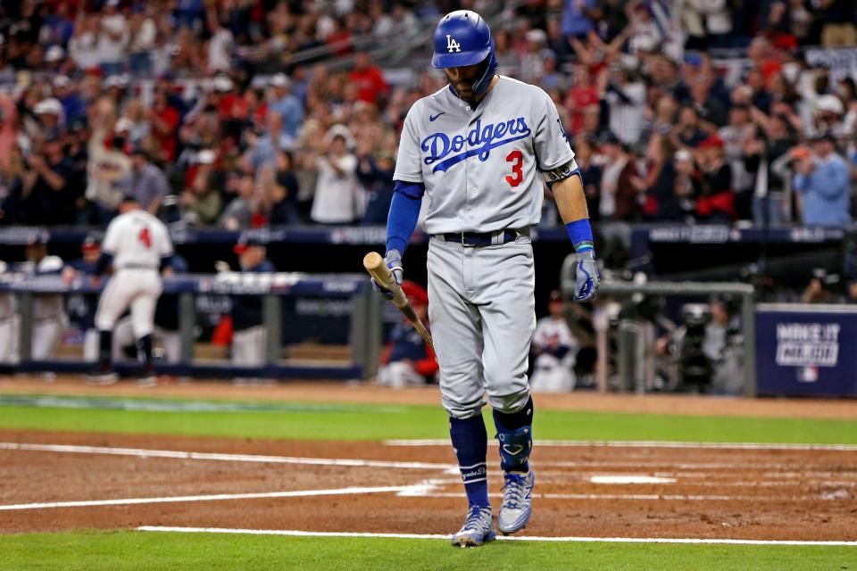 NLCS Game 6: Dodgers third baseman Chris Taylor strikes out in the first inning.