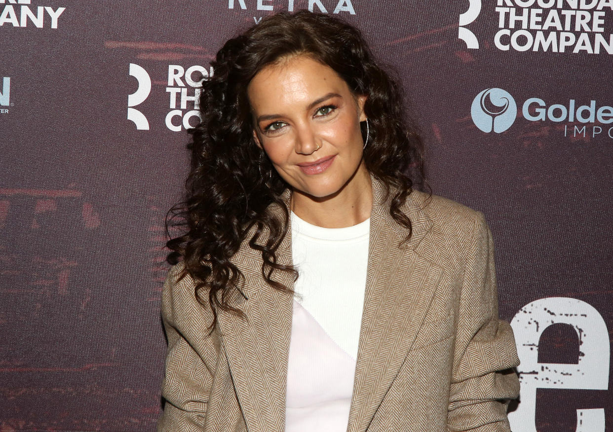 NEW YORK, NEW YORK - FEBRUARY 16: Katie Holmes poses at the opening night of the Roundabout Theater Company's production of the new play 