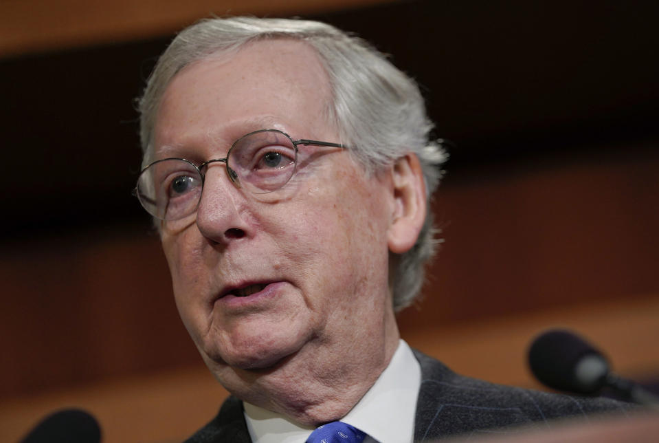 Senate Majority Leader Mitch McConnell of Ky., speaking to members of the media at the Capitol in Washington, Wednesday, Nov. 7, 2018. (AP Photo/Pablo Martinez Monsivais)