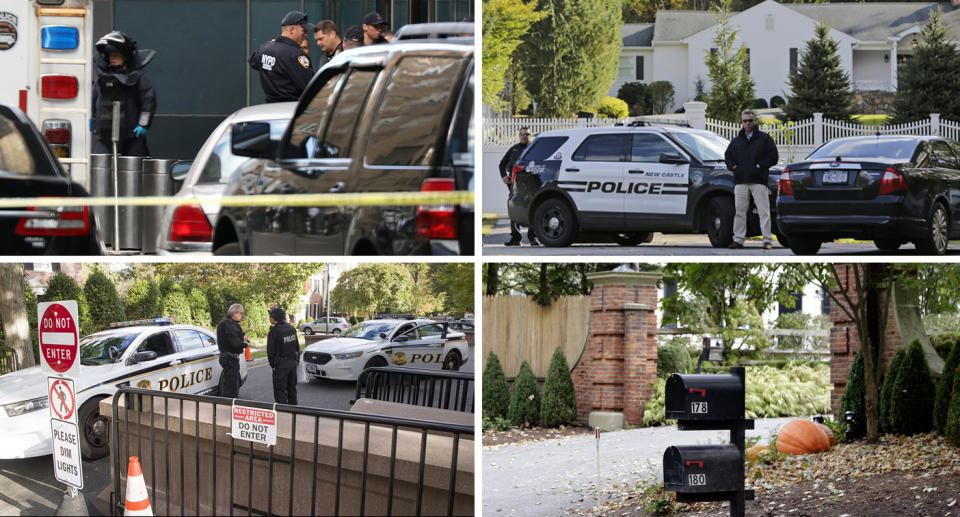 Clockwise from top: An NYPD bomb squad stands outside the Time Warner Center in New York City; police officers outside a property owned by Hillary and Bill Clinton in Chappaqua, N.Y.; mailboxes at the entrance to a house owned by George Soros in Bedford, N.Y.; Secret Service officers at a checkpoint near the home of Barack Obama in Washington, D.C. (Photos: Kevin Coombs/Reuters, Seth Wenig/AP, Alex Brandon/AP, Seth Wenig/AP)