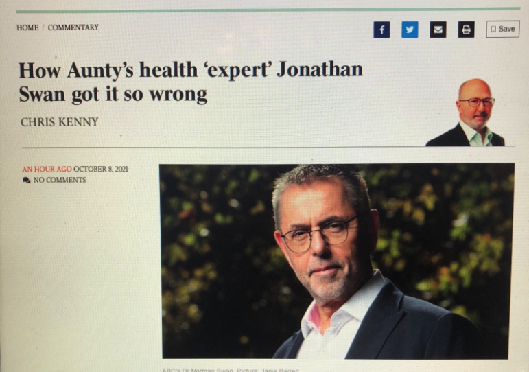 Norman Swan's son featured in the headline of a story about the former physician. Source: Twitter