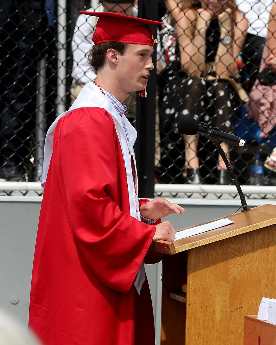 Class president Luke Macdonald addresses classmates and those gathered at Hingham High School for graduation on Saturday, June 4, 2022.