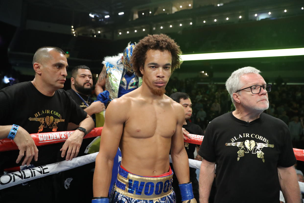 LOS ANGELES, CALIFORNIA- MARCH 19: Blair Cobbs makes his entrance for welterweight fight against Alexis Rocha at Galen Center March 19, 2022 in Los Angeles, California. (Photo by Tom Hogan/Golden Boy Promotions via Getty Images)