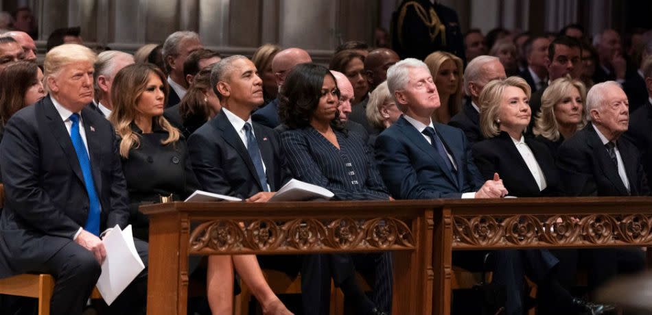 Donald Trump and other former presidents at first ladies at the funeral of George H.W. Bush.